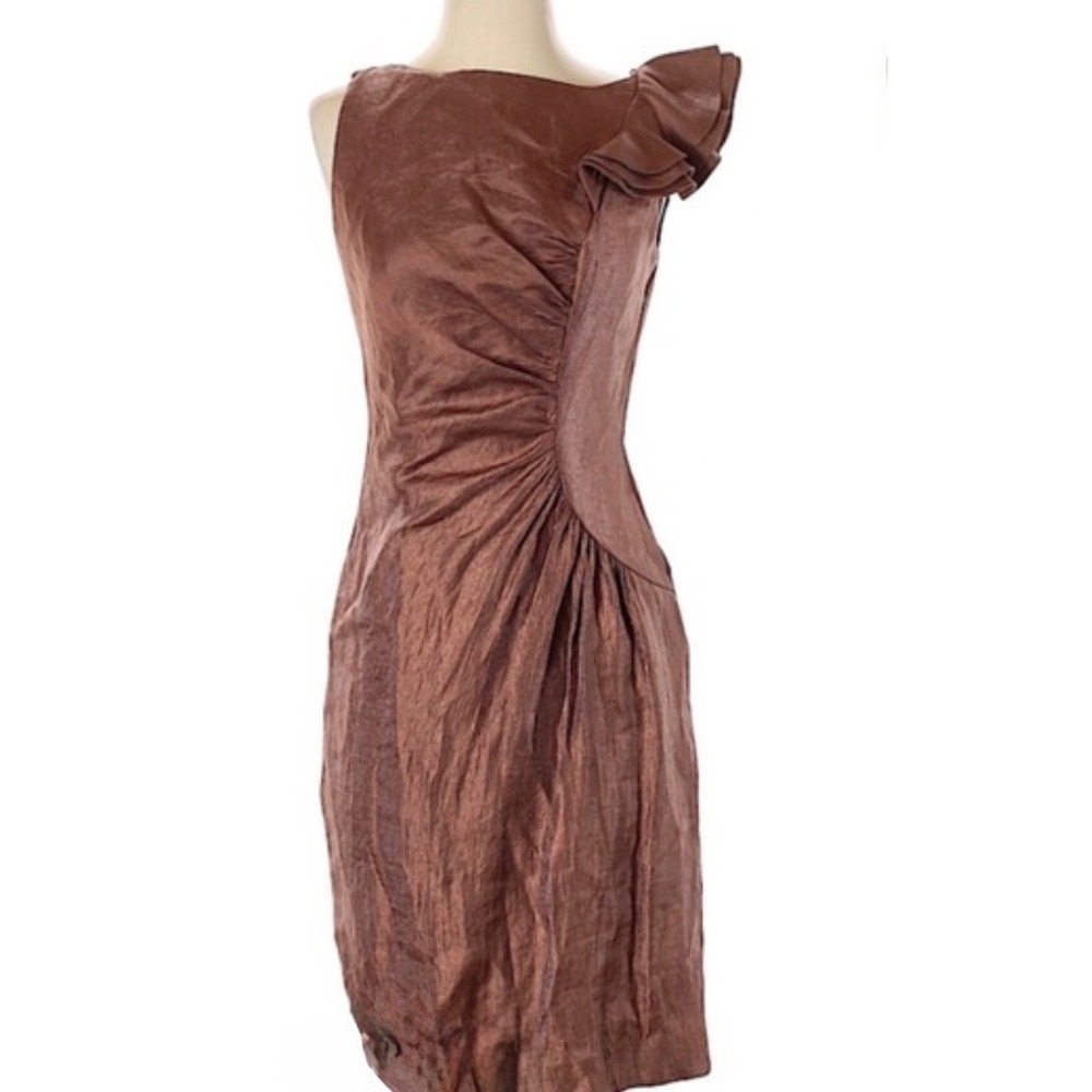 Adrianna Papell Metallic Ruffle One Shoulder Sheath Dress Br Copper Size 16 NWT